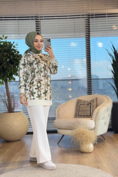 20604 Ön Tül Üstü Çiçek Nakışlı Tunik Ekru Yeşil