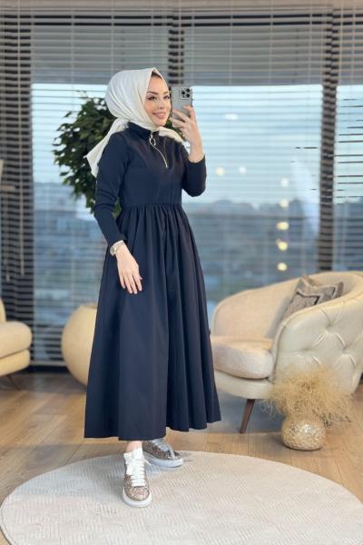 20607 Üst Osyho Alt Kumaş Pat Fermuarlı Elbise Siyah