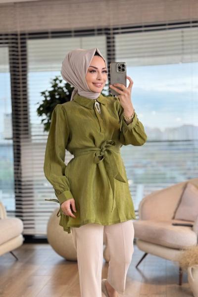 2061 Broşlu Kol Bağcıklı Yakalı Bluz Yeşil