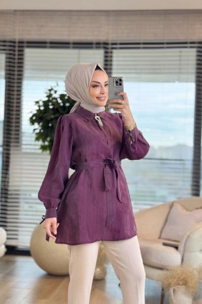 2061 Broşlu Kol Bağcıklı Yakalı Bluz Mürdüm