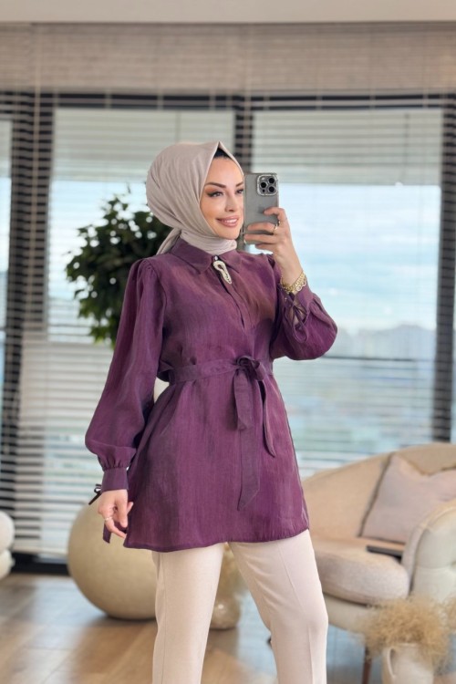 2061 Broşlu Kol Bağcıklı Yakalı Bluz Mürdüm