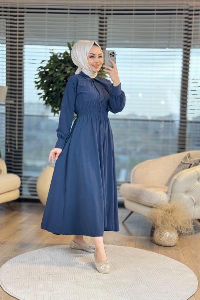 20643 Bel Lastikli Ön Düğmeli Elbise Lacivert