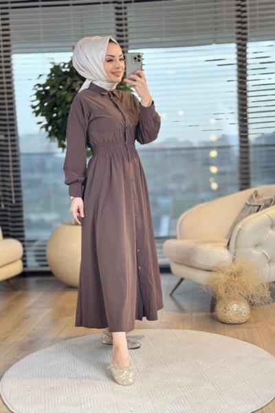 20643 Bel Lastikli Ön Düğmeli Elbise Kahve