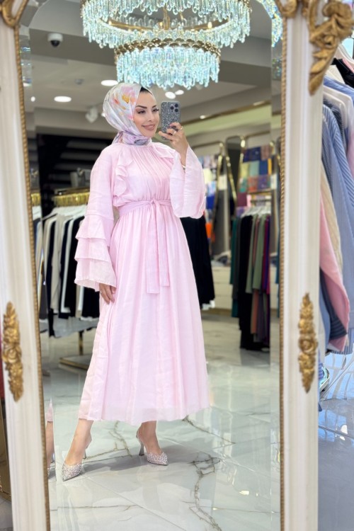 20717 Ön Kol Fırfırlı Elbise Pembe