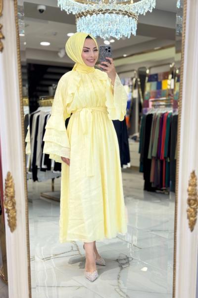 20717 Ön Kol Fırfırlı Elbise Sarı