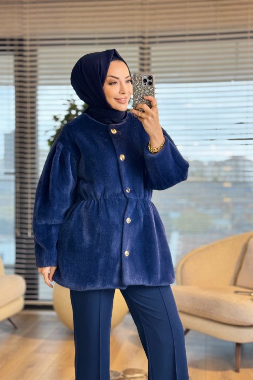 20723 Angora Yakasız Ön Metal Düğmeli Kaban Lacivert