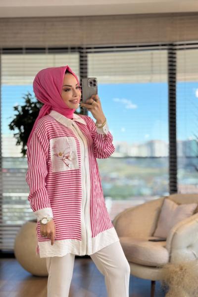 2082 Çizgili Cep Desen Parçalı Fermuarlı Takım Fuşya