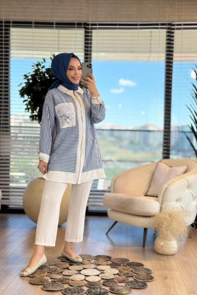 2082 Çizgili Cep Desen Parçalı Fermuarlı Tunik Mavi