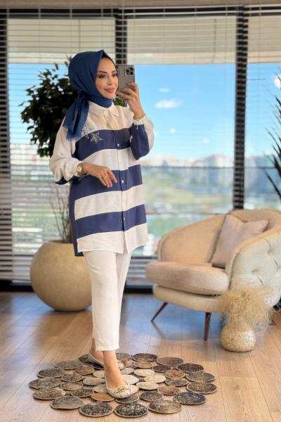 2083 Enine Kalın Çizgi Yıldız Taş Baskılı Gömlek Mavi