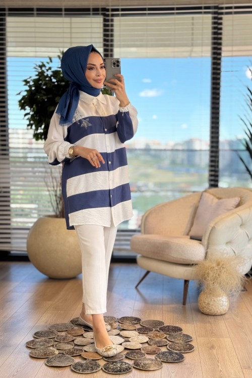 2083 Enine Kalın Çizgi Yıldız Taş Baskılı Gömlek Mavi