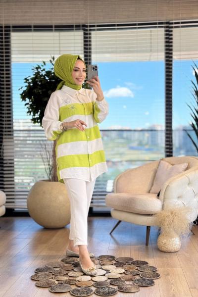 2083 Enine Kalın Çizgi Yıldız Taş Baskılı Gömlek Yeşil