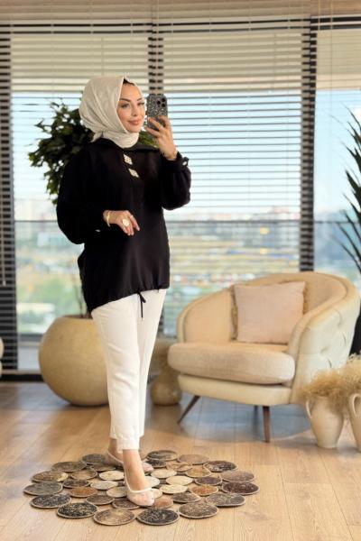 2095 Patı İki Büyük Taş İşlemeli Gömlek Siyah