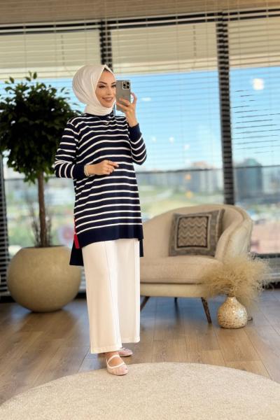 21-1013 Merserize Enine Çizgili Triko Tunik Lacivert Ekru