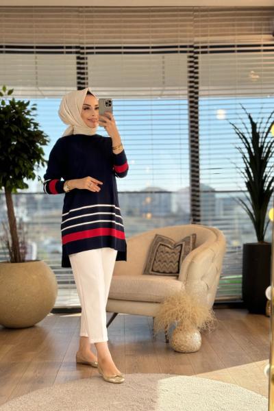 21-1014 Etek Kol Ucu Çizgili Triko Tunik Lacivert
