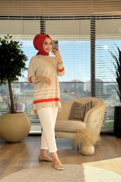21-1014 Etek Kol Ucu Çizgili Triko Tunik Bej