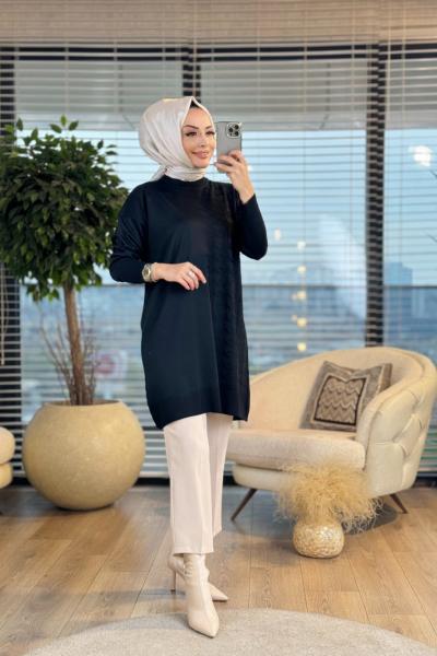 21-1019 Sağ Taraf Kazayağı Desen Triko Tunik Siyah