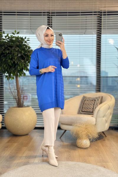 21-1019 Sağ Taraf Kazayağı Desen Triko Tunik Saks