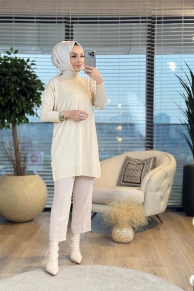 21-1019 Sağ Taraf Kazayağı Desen Triko Tunik Taş