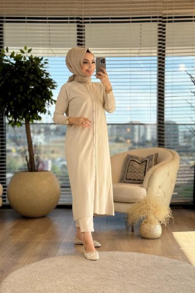 21-4002 Metal Düğmeli Uzun Hırka Bej