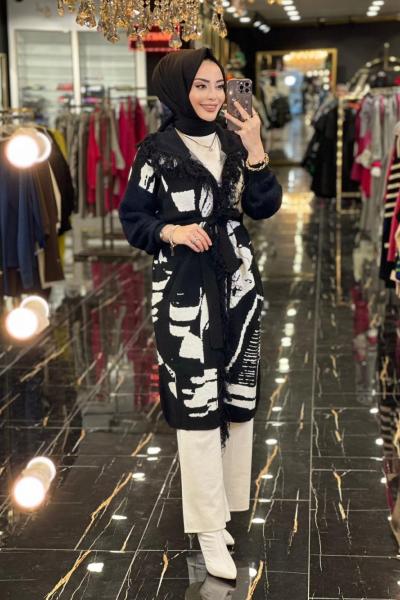 21-6053 Saçaklı Uzun Hırka Siyah