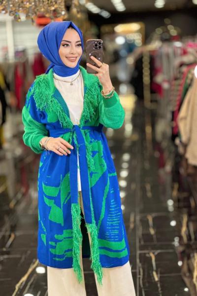 21-6053 Saçaklı Uzun Hırka Saks