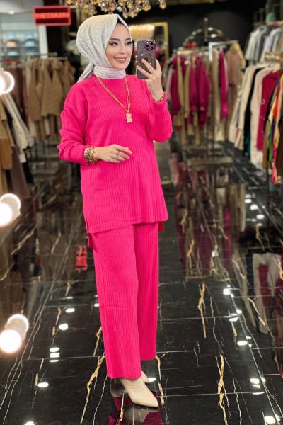 21099 Kolları Düğme Detay Triko Pantolon Takım Fuşya