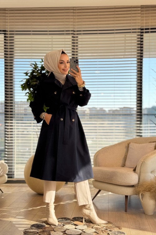 21152 Klasik Altı Düğmeli Trenç Lacivert