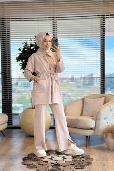 2121 Ön Bağcıklı Ve Cepli Takım Bej