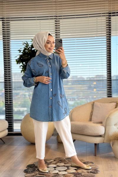 212720 Damla Taş Detaylı Gömlek Mavi