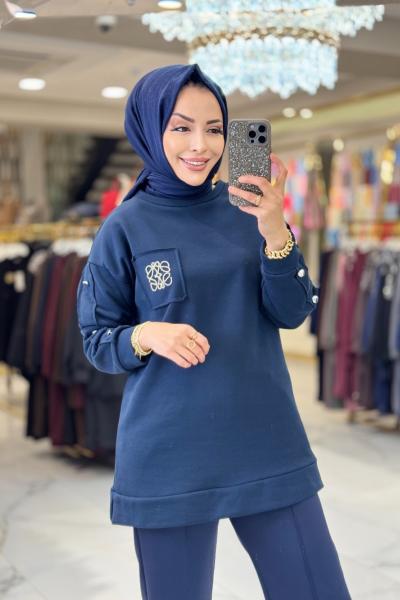 2136 Kolları Düğmeli Cebi Taş Baskılı Tunik Lacivert