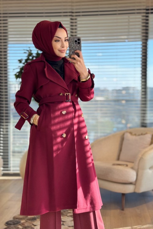 2141 Kaşe Altı Düğmeli Uzun Kaban Bordo