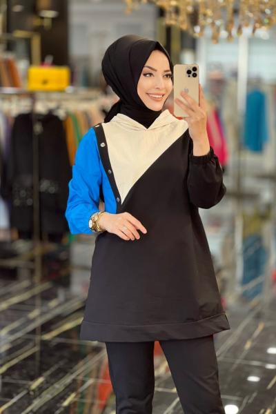 2148 Renkli Çıtçıt Detaylı Kapşonlu Takım Bej Siyah