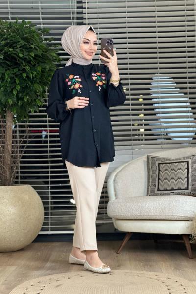 2183 Nakış Detaylı Hakim Yaka Gömlek Siyah