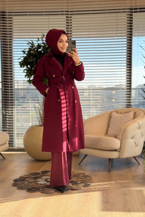 2186 Kaşe Altı Düğme Apoletli Kaban Bordo