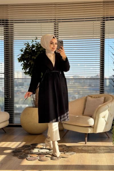 2189 Kaşe Deri Kemerli Uzun Kaban Siyah