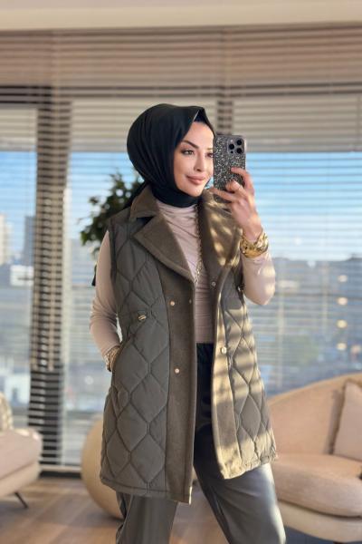 2190 Kapitone Kaşe Detaylı Yelek Haki