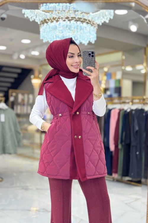 2190 Kapitone Kaşe Detaylı Yelek Bordo