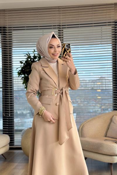 2194 İki Düğme Ceket Etekli Takım Bej