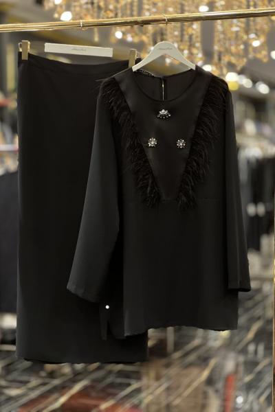 22006 Önü Püskül Ve Taş Detaylı Takım Siyah