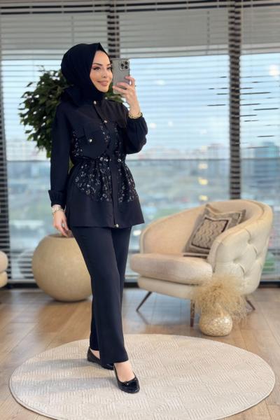 2202 Ön File Üstü Varak Baskılı Takım Siyah