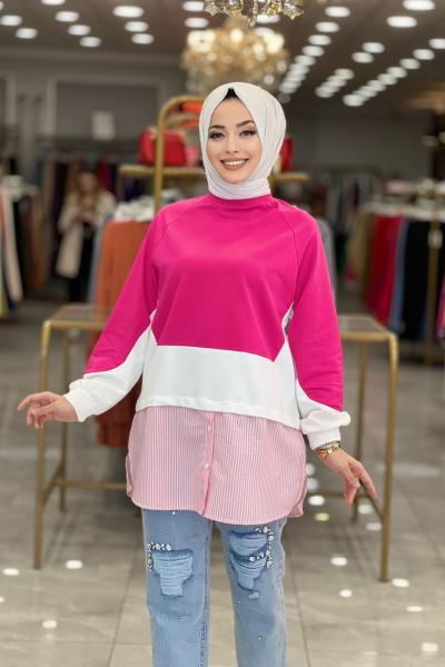 2202 Reglan Kol Etek Ucu Çizgili Tunik Fuşya