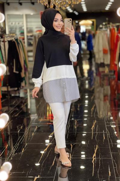 2202 Reglan Kol Etek Ucu Çizgili Tunik Siyah