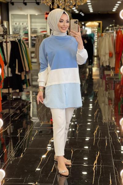 2202 Reglan Kol Etek Ucu Çizgili Tunik İndigo