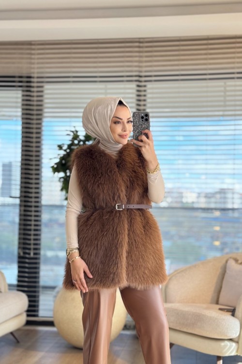 2205 Peluş Kemerli Yelek Kahve
