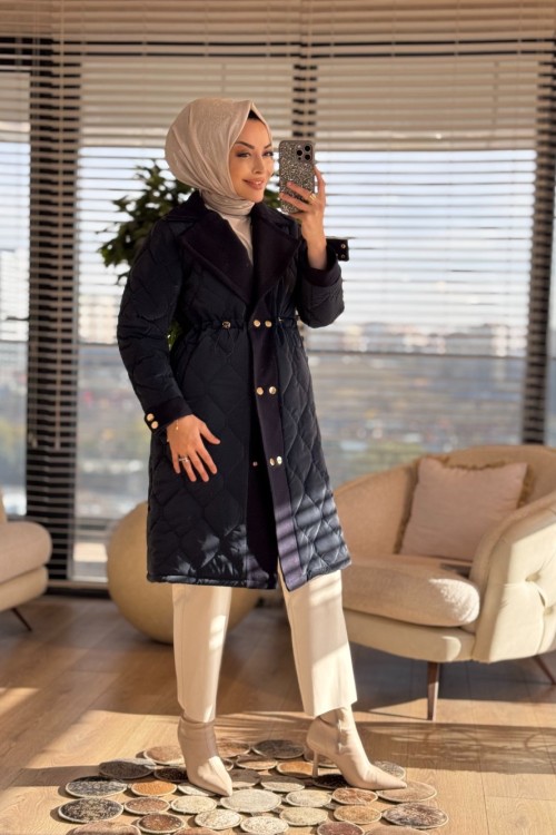 2208-1 Kapitone Kaşe Garnili Uzun Kaban Lacivert