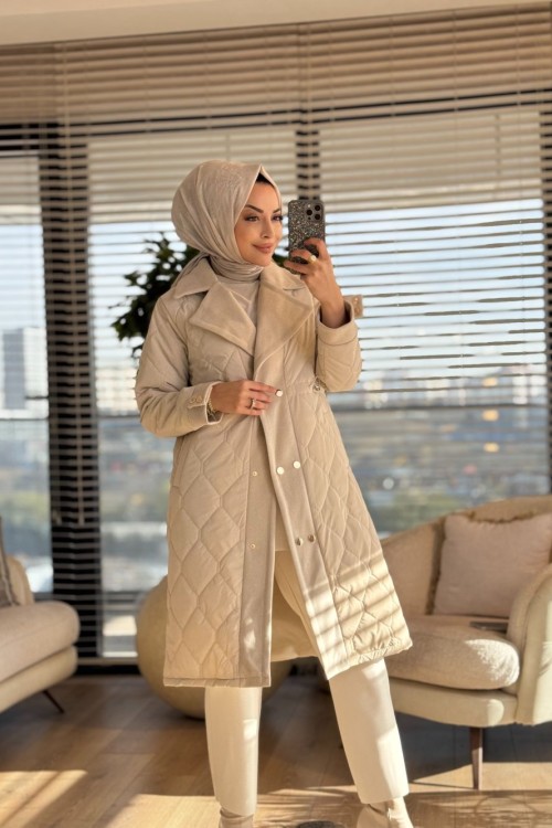 2208-1 Kapitone Kaşe Garnili Uzun Kaban Taş