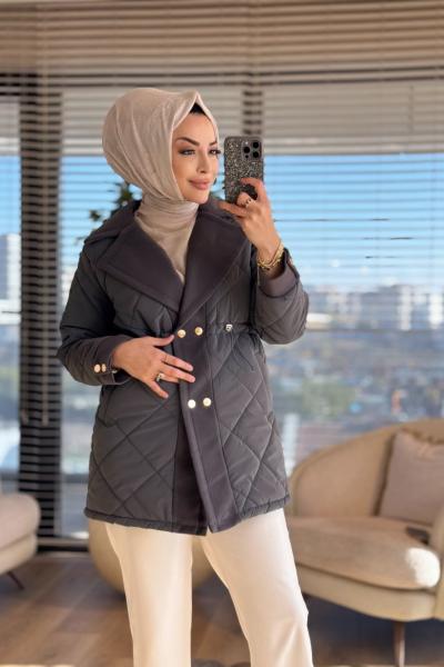 2208 Kapitone Kaşe Garnili Kaban Antrasit