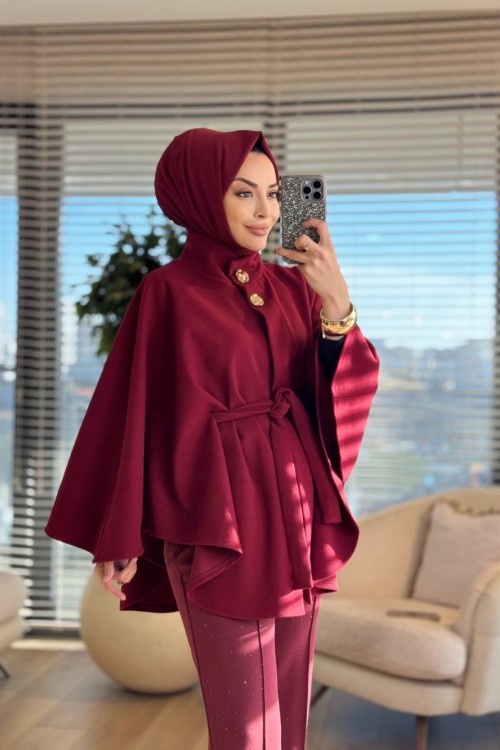 2212 Kaşe İki Düğmeli Panço Bordo