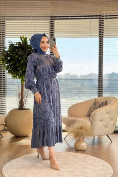 2214 Kendinden Desenli Çiçek Broşlu Elbise İndigo