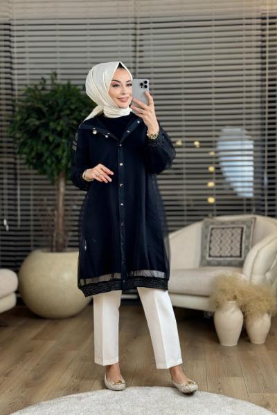 2215021 Üst Şifon Kapşonlu 2li Takım Siyah